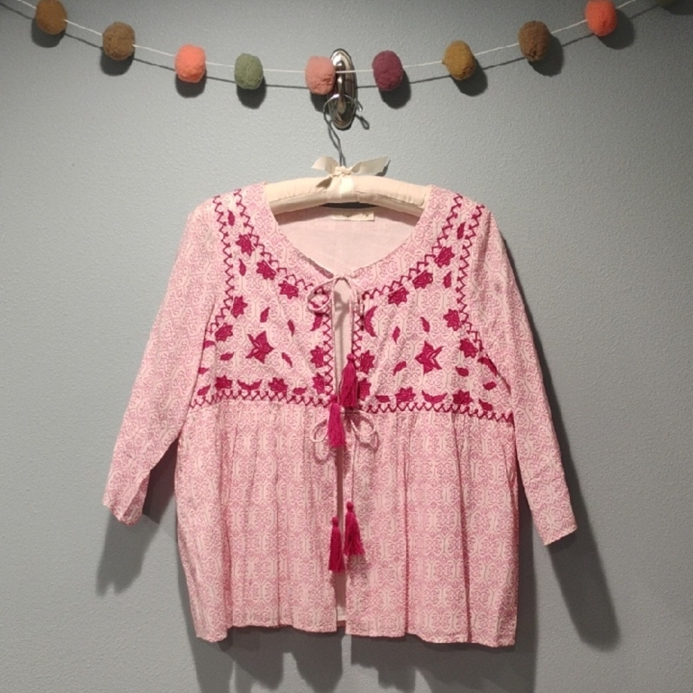 hazel Pink Embroidered Tie-Front Blouse with Tassels